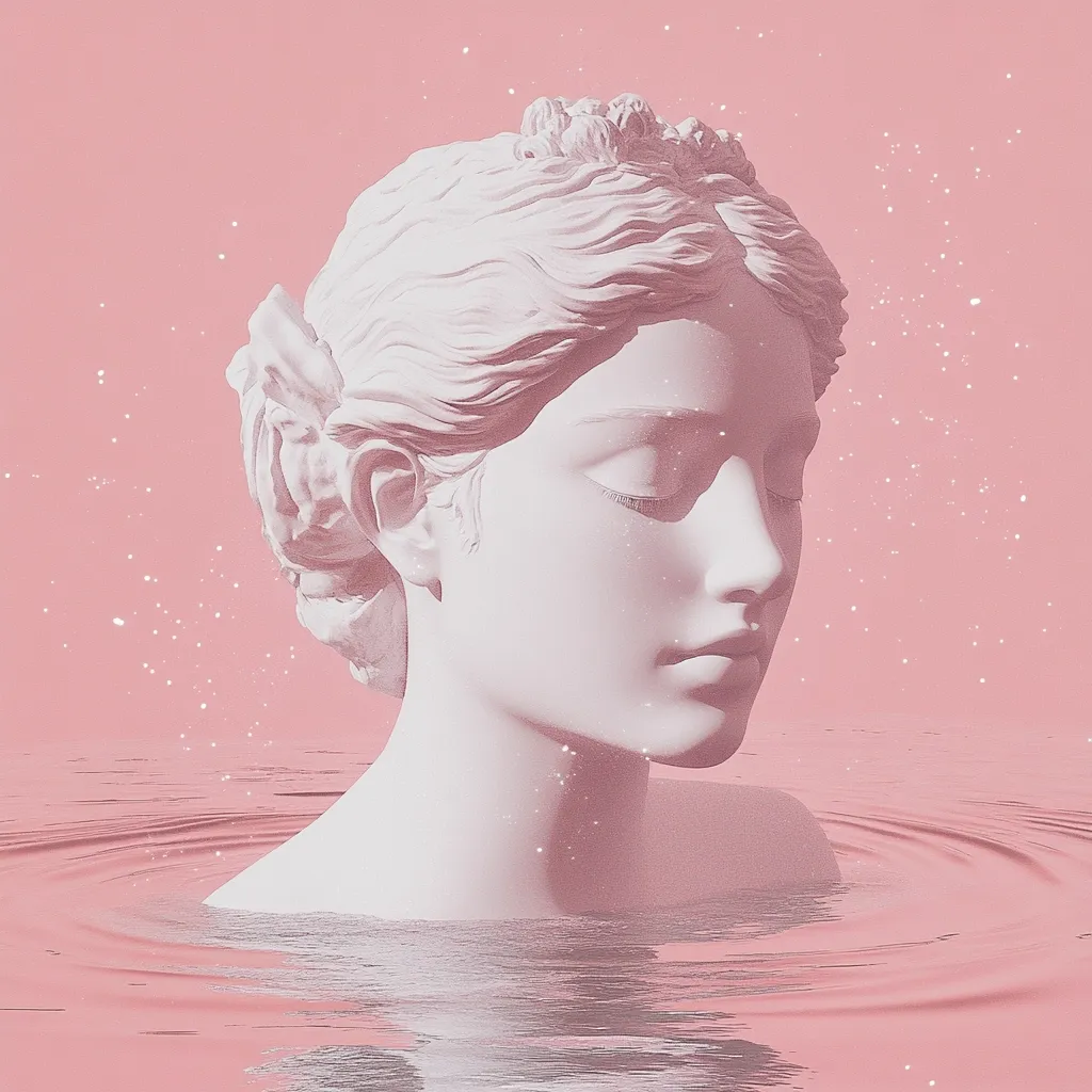 A serene digital artwork depicts a classical bust of a woman, seemingly submerged in calm, pink water.  The statue's features are soft and delicately rendered, with eyes closed in a peaceful expression.  The pink background is subtly textured with dispersed sparkles, creating a dreamy, ethereal atmosphere. The overall aesthetic is minimalist and romantic.