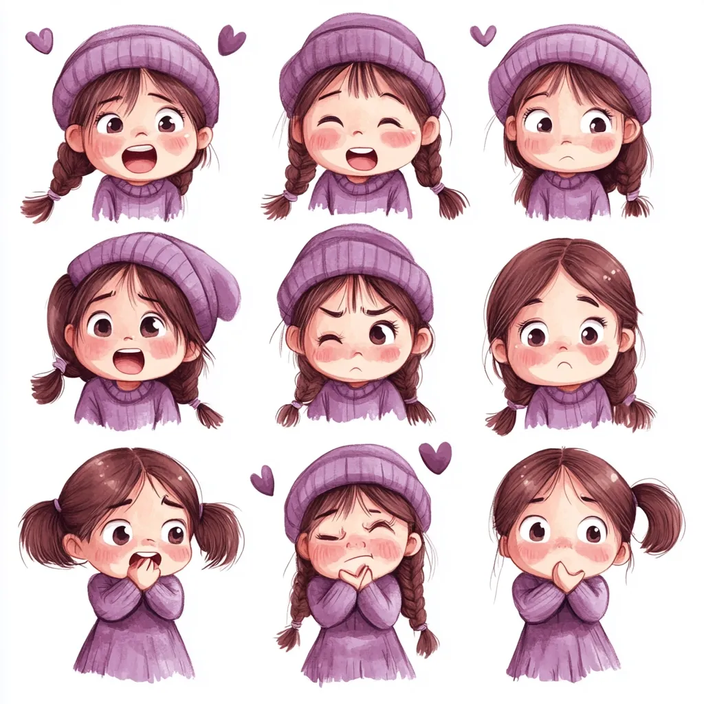 Nine illustrations depict a cute girl with purple winter attire and braided hair, showcasing diverse expressions.  She displays emotions ranging from joy and surprise to sadness, worry, and shyness.  Each image is distinct, capturing a nuanced emotional spectrum, presented against a white background.  Small hearts are subtly placed near some illustrations.