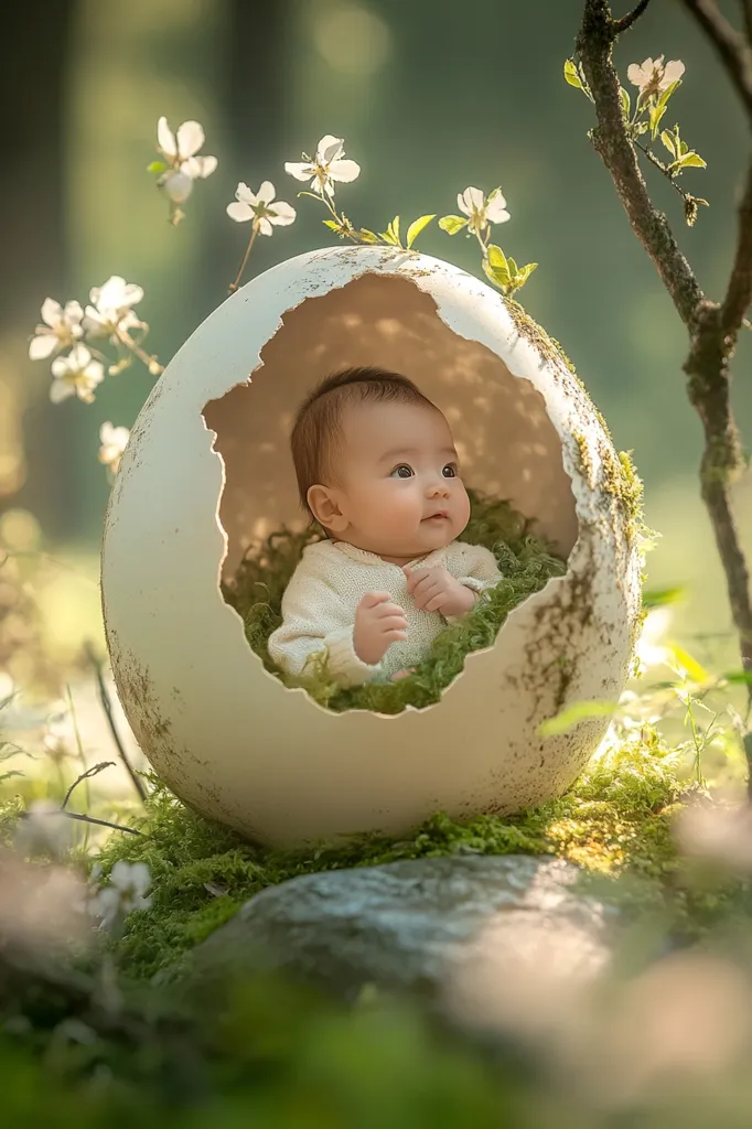 A newborn baby, nestled in a large, cracked eggshell, rests amidst a bed of moss.  Delicate white flowers bloom around the egg, creating a whimsical, nature-inspired scene. The baby is dressed in a cream-colored outfit and gazes serenely outward.  The overall image evokes a feeling of new life and springtime freshness.