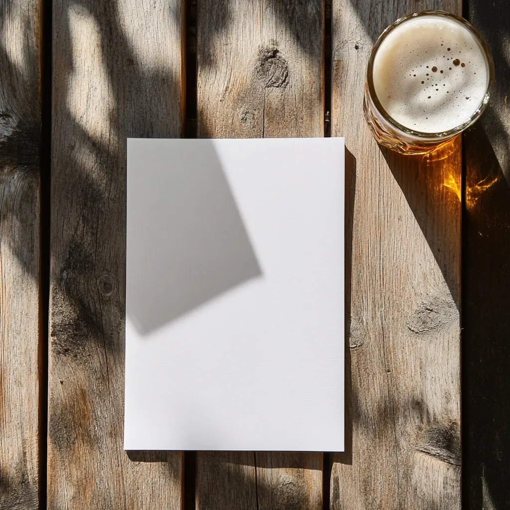 A blank white paper sits on a rustic wooden table, bathed in dappled sunlight.  A glass of beer rests nearby, casting a shadow. The scene is simple, minimalist, and evokes a relaxed, outdoor setting.  The contrast between the clean paper and the weathered wood is striking.