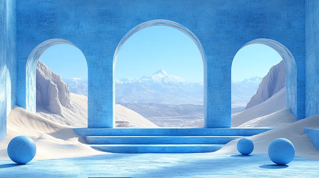 A minimalist architectural rendering showcases a serene desert landscape viewed through three arched openings in a pale blue concrete structure.  Soft, white sand dunes gently slope towards the structure, contrasting with the bright blue walls and steps.  Three light blue spheres rest on the floor and sand, adding to the serene and almost surreal atmosphere.  A majestic snow-capped mountain range rises in the distance.