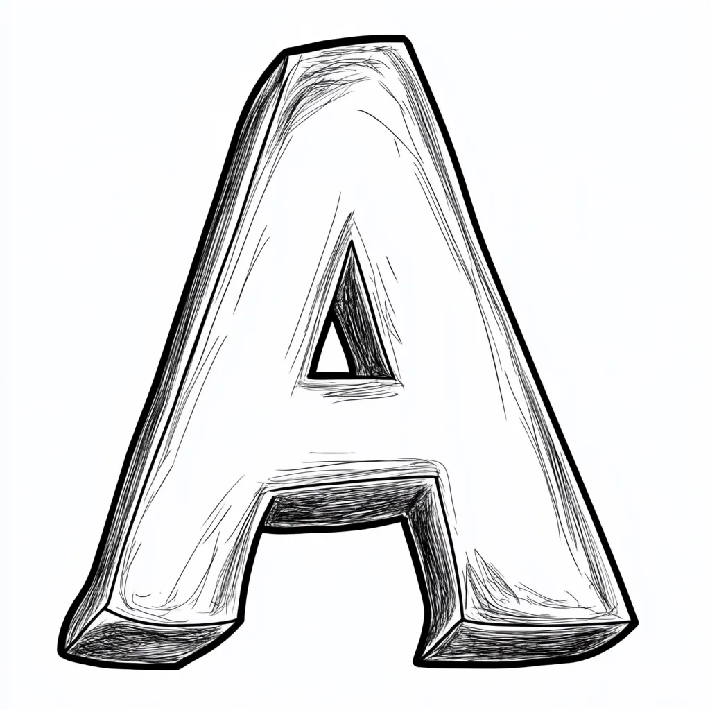 The image shows a stylized uppercase letter "A".  Rendered in black and white, the "A" appears three-dimensional, with shading and texturing suggesting a carved or sculpted appearance.  The lines are hatched and cross-hatched to create depth and shadow, giving it a hand-drawn, slightly rough texture. The overall style is reminiscent of a sketch or a quick drawing.