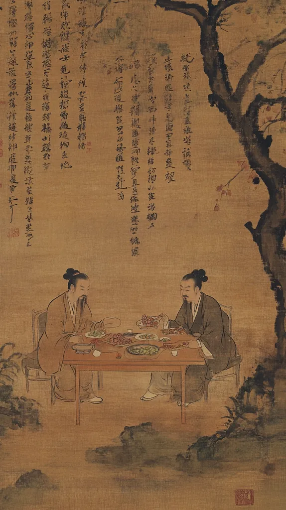 A handscroll painting depicts two elegantly dressed men seated at a low table laden with food and drink.  They are positioned under a blossoming tree, against a backdrop of flowing calligraphy which likely contains a poem or literary text. The muted earth tones of the painting create a serene and contemplative atmosphere, characteristic of classical Chinese art. The style suggests a refined and scholarly setting.
