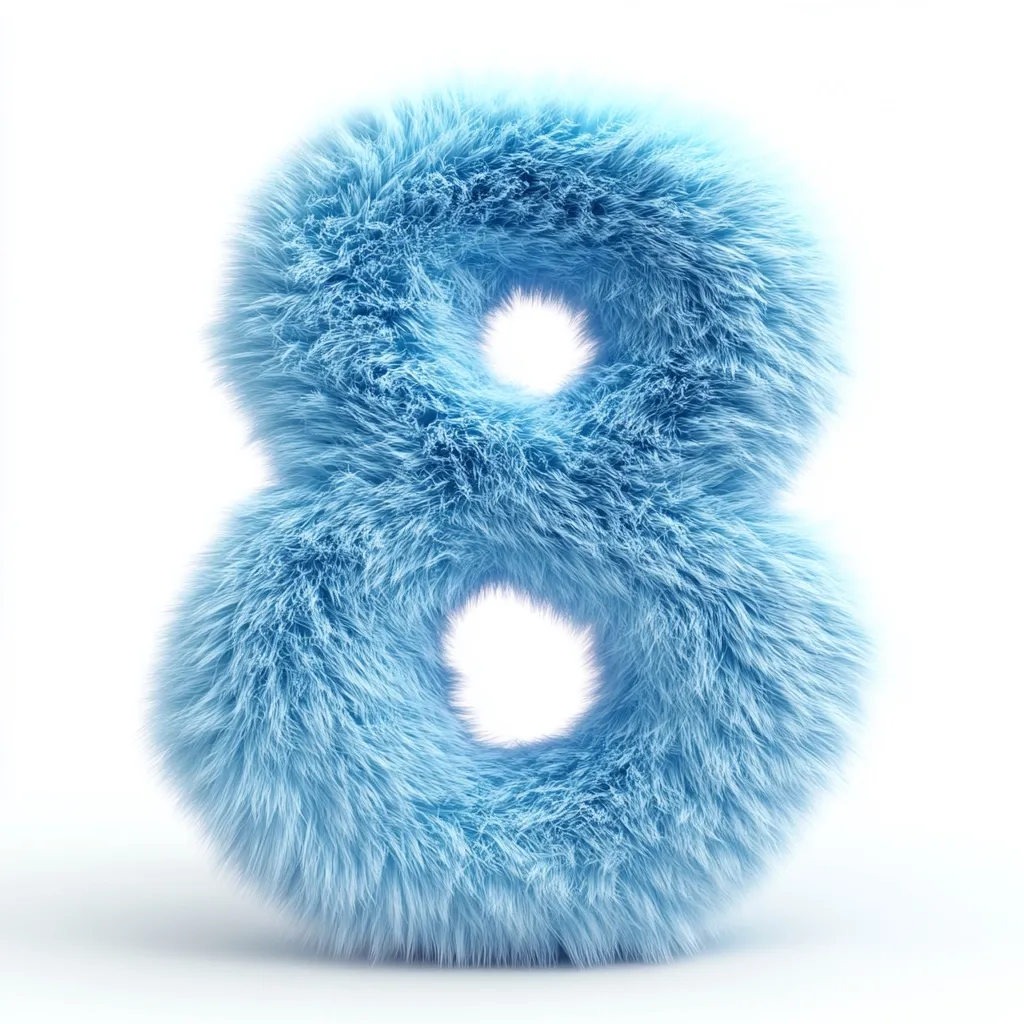 A fluffy, light blue number eight is depicted against a stark white background. The number is rendered in a three-dimensional style, giving the impression of a soft, furry texture.  The light blue color suggests a cool, perhaps icy or wintery, feel. The overall image is clean and simple, with a focus on the unique texture of the numerical character.