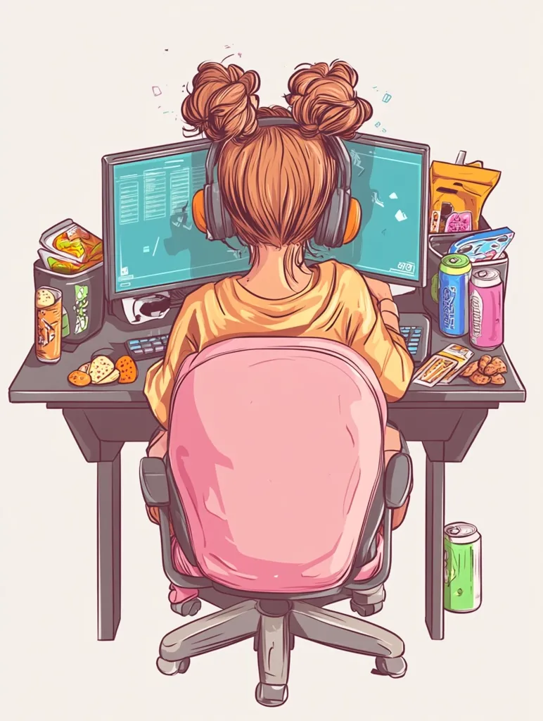 A rear view illustration of a girl with her hair in two buns, engrossed in a computer game.  She's wearing headphones and seated at a desk cluttered with snacks, drinks, and gaming paraphernalia.  The scene suggests a long gaming session, with a focus on the girl's focused posture and the abundance of supplies surrounding her.  The style is cartoonish and vibrant.
