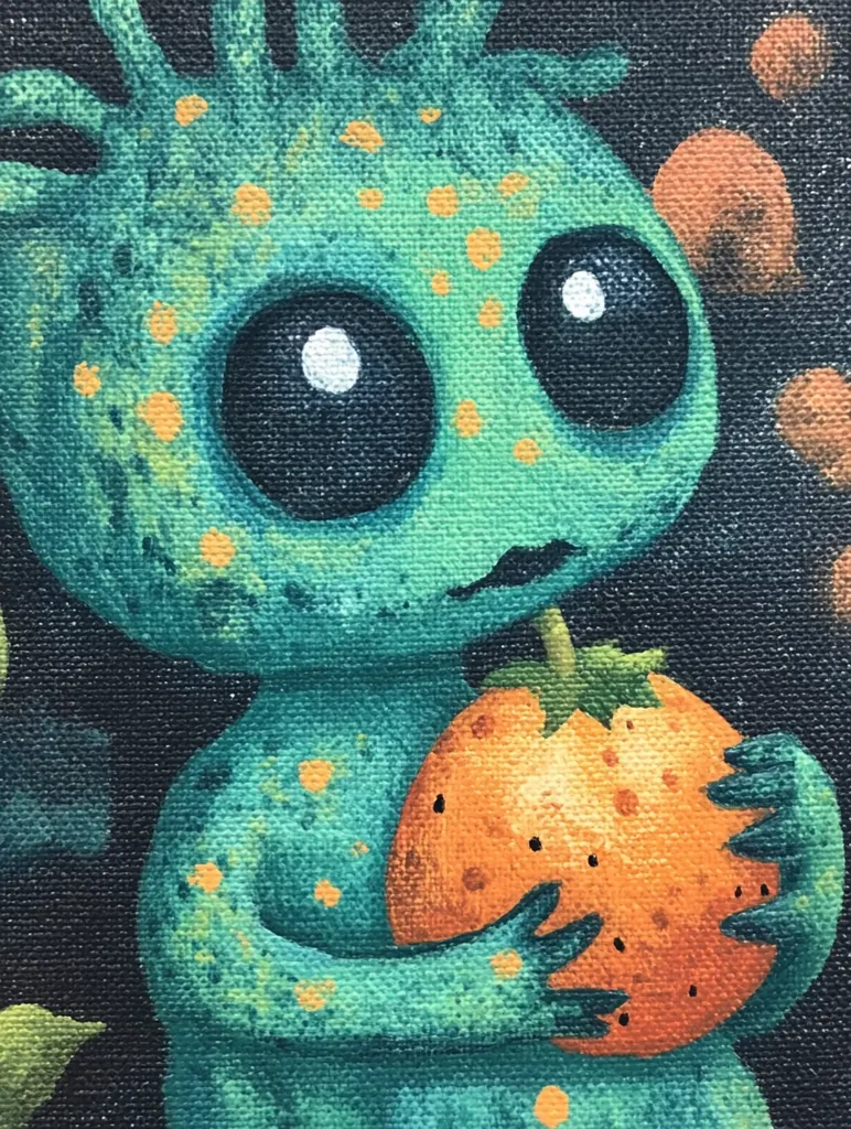 A whimsical painting depicts a teal creature with large eyes and textured skin, holding a vibrant orange fruit.  The creature's body is speckled with small, golden dots.  The background is dark, punctuated by smaller orange circles, suggesting a night-time setting. The style is reminiscent of children's book illustrations, with a charming, slightly spooky atmosphere.