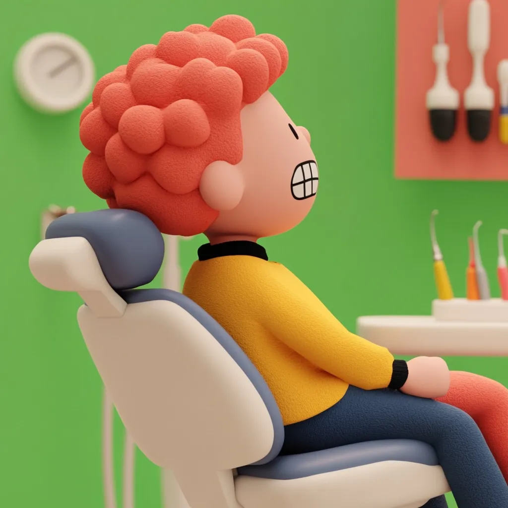 A 3D-rendered cartoon boy with bright orange hair sits in a dentist's chair, his expression apprehensive. He's wearing a mustard-yellow sweater and dark blue pants. The dental chair is light grey and white, positioned against a vibrant green wall.  Dental tools are visible in the background, adding to the dental setting.  The overall style is playful and cartoonish.