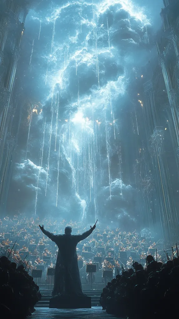 A conductor stands with arms outstretched before a massive orchestra in a cavernous hall.  Above, a breathtaking celestial scene unfolds: a vast, ethereal cloud formation from which luminous strands descend like shimmering rain.  The overall mood is dramatic and awe-inspiring, blending the grandeur of classical music with a fantastical, otherworldly atmosphere.