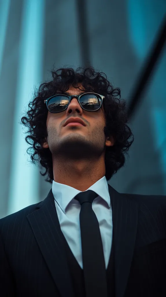 A stylish man with curly dark hair wears a dark pinstripe suit and a crisp white shirt.  His black tie is neatly knotted, and he sports dark sunglasses reflecting a city scene.  He looks upward, his expression serious and confident, set against a blurred backdrop of a modern glass building. The overall image conveys a sense of sophistication and urbanity.