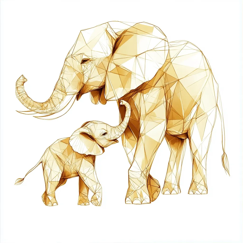 A stylized illustration depicts an adult and baby elephant in a low-polygonal art style.  The elephants are rendered in gold tones, their forms constructed from interconnected triangles. The adult elephant stands protectively over its young, creating a heartwarming image of familial connection. The white background emphasizes the golden forms, creating a clean and elegant aesthetic.