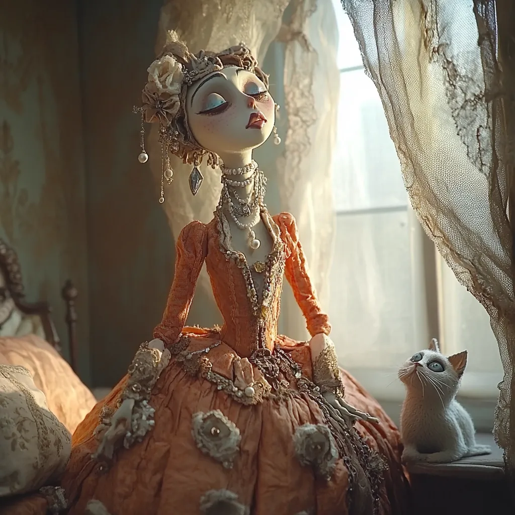 A meticulously crafted porcelain doll, adorned in a peach-colored rococo gown and elaborate jewelry, sits by a window.  Her large eyes gaze dreamily upward. A small, white cat sits attentively beside her, adding a touch of whimsical charm to the scene, set in a room with antique furniture and lace curtains. The overall mood is one of elegant serenity.