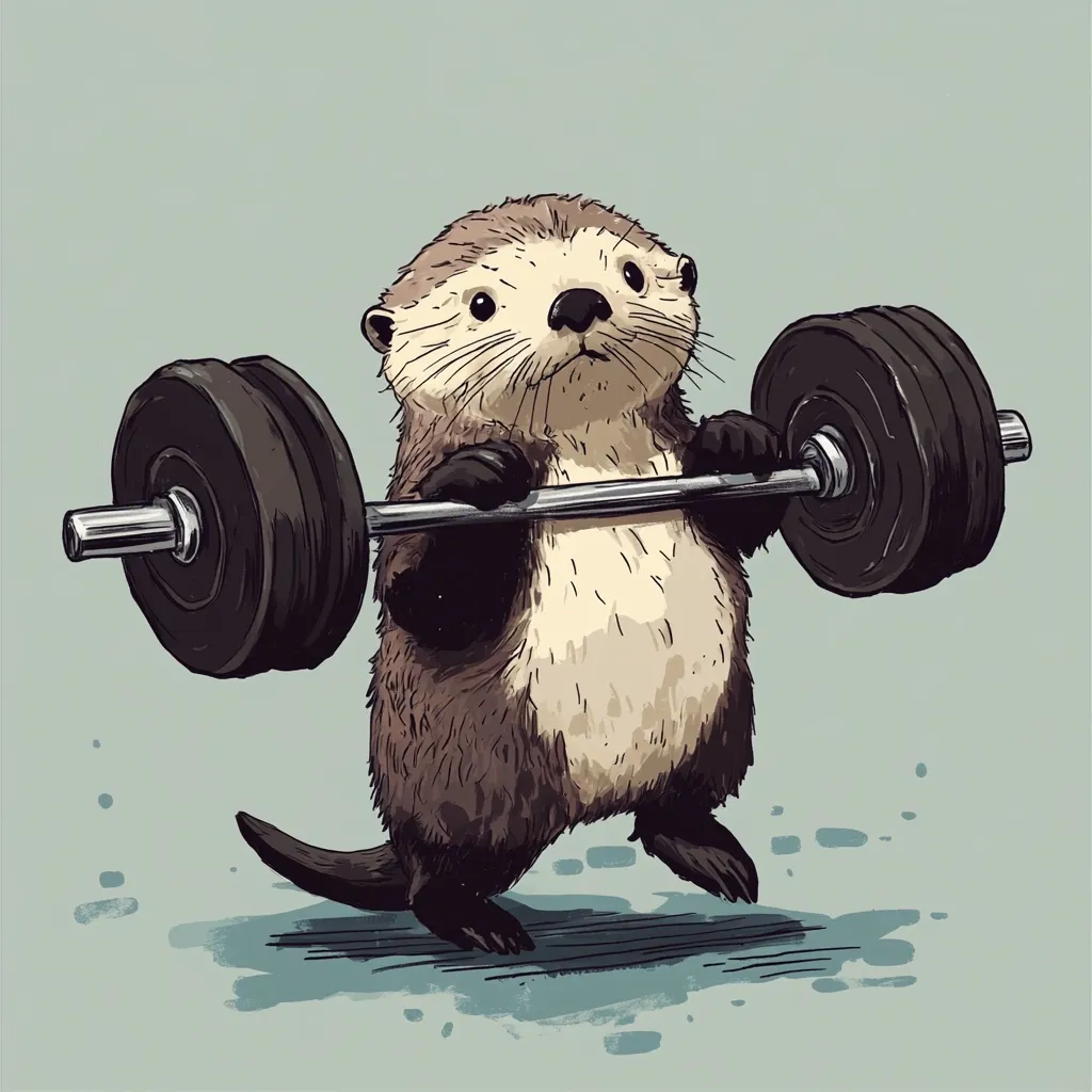 A cartoon illustration depicts a cute otter performing a barbell lift.  The otter, with its expressive face, is positioned centrally, its paws firmly gripping the barbell.  The weights are large, emphasizing the otter's surprisingly strong physique.  The style is reminiscent of a hand-drawn sketch, with visible texture and shading. The background is a muted teal.