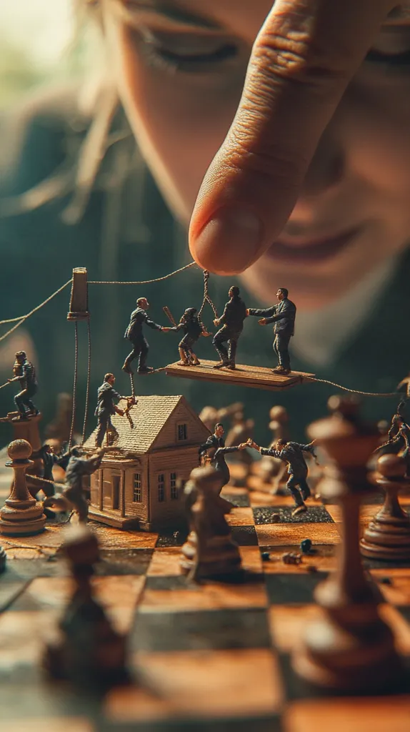A miniature scene unfolds on a chessboard, depicting tiny figures engaged in various activities around a small house.  A person's finger delicately suspends a group on a makeshift rope bridge.  The image contrasts the scale of human interaction with the grand strategy of a chess game, creating a surreal and thought-provoking composition.  The overall tone is dark and slightly mysterious.