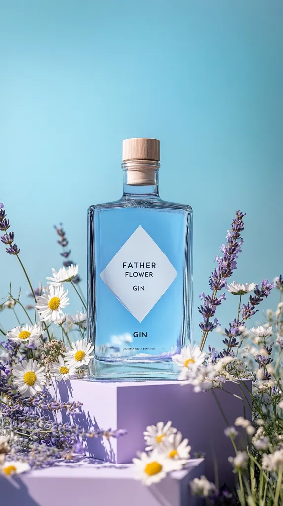 A bottle of Father Flower Gin rests on a pale purple platform, surrounded by vibrant lavender and chamomile flowers. The gin bottle is rectangular with a light blue hue, showcasing the brand name prominently.  The soft, pastel colors and floral arrangement create a serene and sophisticated aesthetic. The scene is brightly lit against a light blue background.