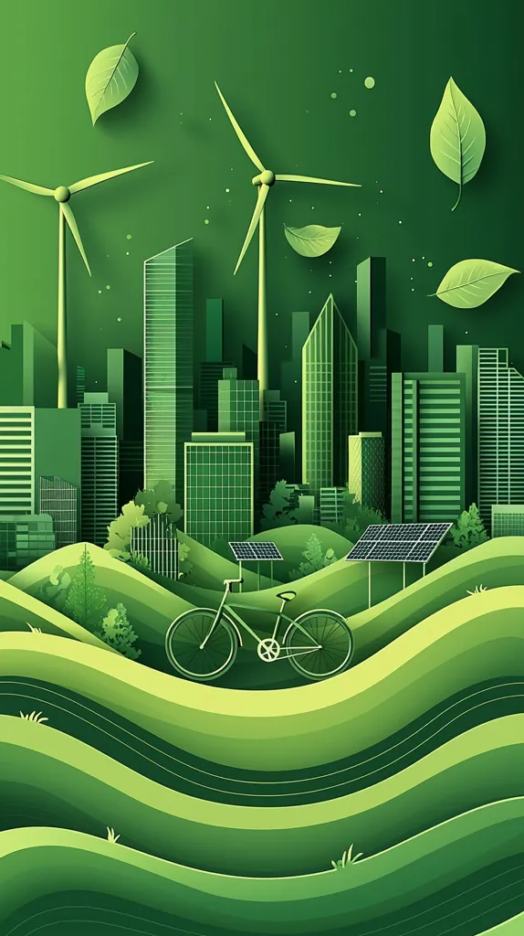 An illustration depicts a green city powered by wind turbines and solar panels.  Green hills roll in the foreground, with a bicycle resting on one.  The paper-cut style creates a layered effect, emphasizing the eco-friendly theme.  Leaves float amidst the wind turbines, adding a touch of nature to the urban landscape. The overall image promotes sustainability and environmentally conscious living.