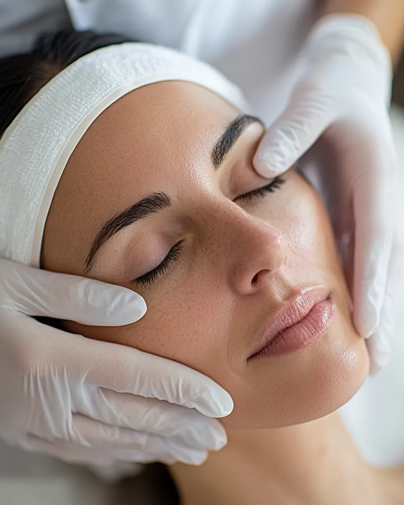 Close-up view of a woman receiving a facial massage.  Her eyes are closed, and gloved hands gently caress her face.  A white headband keeps her hair out of the way. The scene is peaceful and suggests a relaxing spa treatment focused on skincare. The focus is on the woman's face, highlighting the smooth skin and gentle touch of the massage.