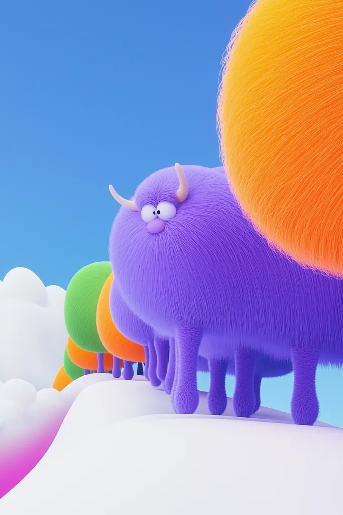 A line of fluffy, colorful creatures stands on a white, cloud-like landscape against a bright blue sky.  The creatures resemble furry, round balls with short legs, and are various colors, including purple, orange, and green. The foremost creature is purple with small horns.  The scene is whimsical and playful, with a 3D, cartoon-like aesthetic.