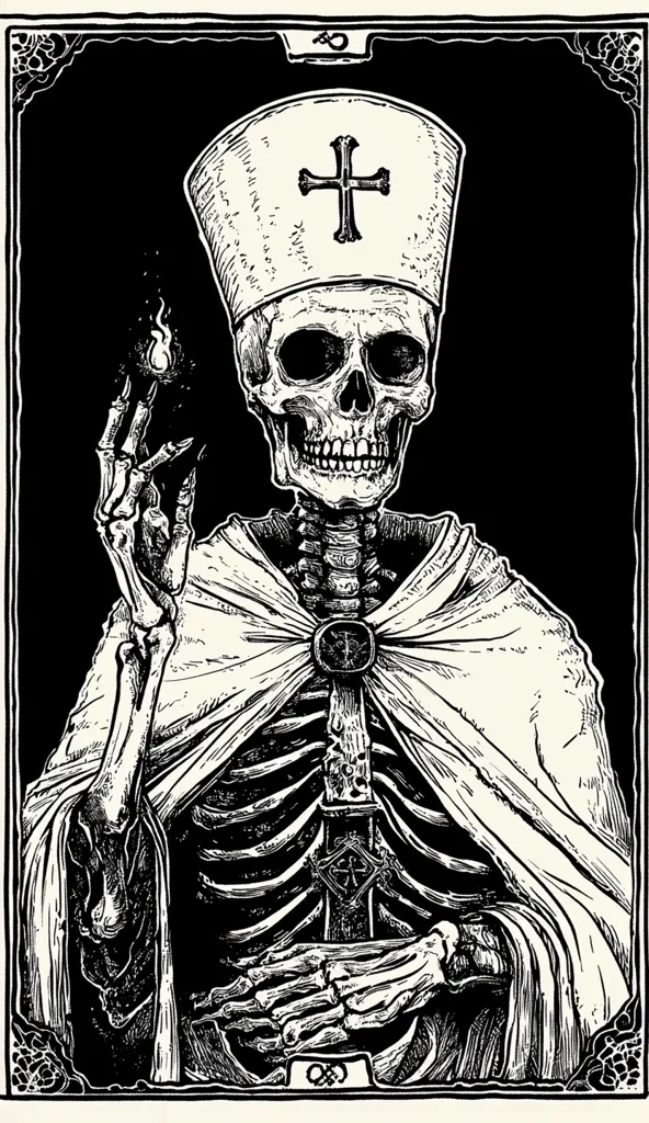A black and white illustration depicts a skeletal figure, clad in a bishop's robe and mitre.  The skull's detailed features are prominent, and the skeletal hands delicately hold a small flame. The ornate robe and mitre showcase religious symbolism, creating a macabre yet artistic portrayal of death in ecclesiastical attire. The style is reminiscent of dark fantasy art or a gothic tarot card.