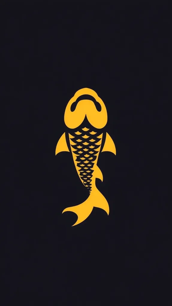 A stylized golden fish is depicted against a dark background.  The fish is oriented vertically, its body composed of overlapping scales, and features a simple, elegant design.  The color contrast creates a striking visual effect, suggesting strength, grace, and possibly prosperity, common symbolic associations with koi fish. The image is minimalist and impactful.