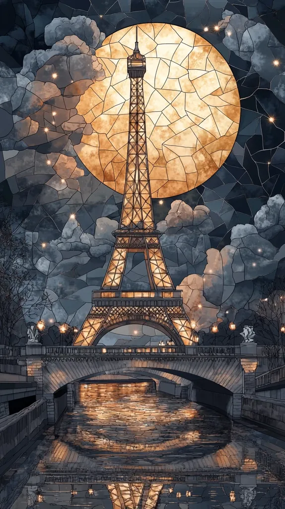 A stained-glass style illustration depicts the Eiffel Tower at night, illuminated under a large, golden moon.  The sky is a dark, moody blue, punctuated by stylized clouds and twinkling lights.  A bridge arches over a calm river reflecting the tower's lights, creating a serene and romantic atmosphere. The overall effect is one of elegant artistry and nocturnal charm.