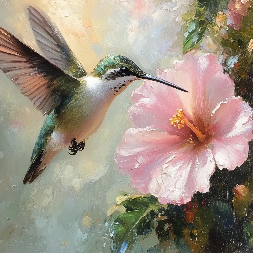 A vibrant oil painting depicts a hummingbird in mid-flight, its beak delicately extended towards a large, pale pink hibiscus blossom.  The hummingbird's iridescent green and bronze plumage is richly detailed, contrasting with the soft, textured petals of the flower.  The background is a hazy, impressionistic blend of greens and blues, creating a serene and ethereal atmosphere. The artist's skillful use of light and color enhances the beauty and delicate interaction between the bird and the flower.