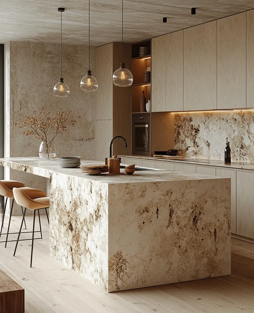 A modern kitchen boasts a large, textured island countertop in off-white with brown speckles.  Three glass globe pendant lights hang above the island, complementing the neutral color palette of the beige cabinetry and concrete-textured wall.  The backsplash features a matching stone pattern, creating a cohesive and minimalist aesthetic.  Two light brown bar stools sit at the island.