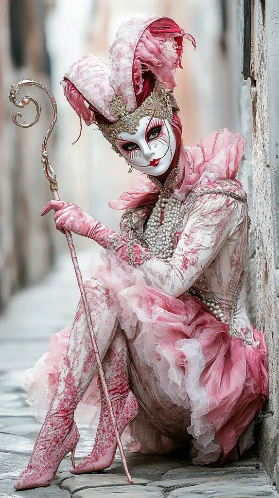 A Venetian Carnival mask sits elegantly in a pink and white costume.  The elaborate mask features ornate detailing, and the costume is a ruffled, layered design with a matching headpiece. The model holds a decorative cane, adding to the overall theatrical effect.  The image is set against a muted background, emphasizing the vibrancy of the costume.  The pose and attire are suggestive of a character from a historical drama or fantasy story.