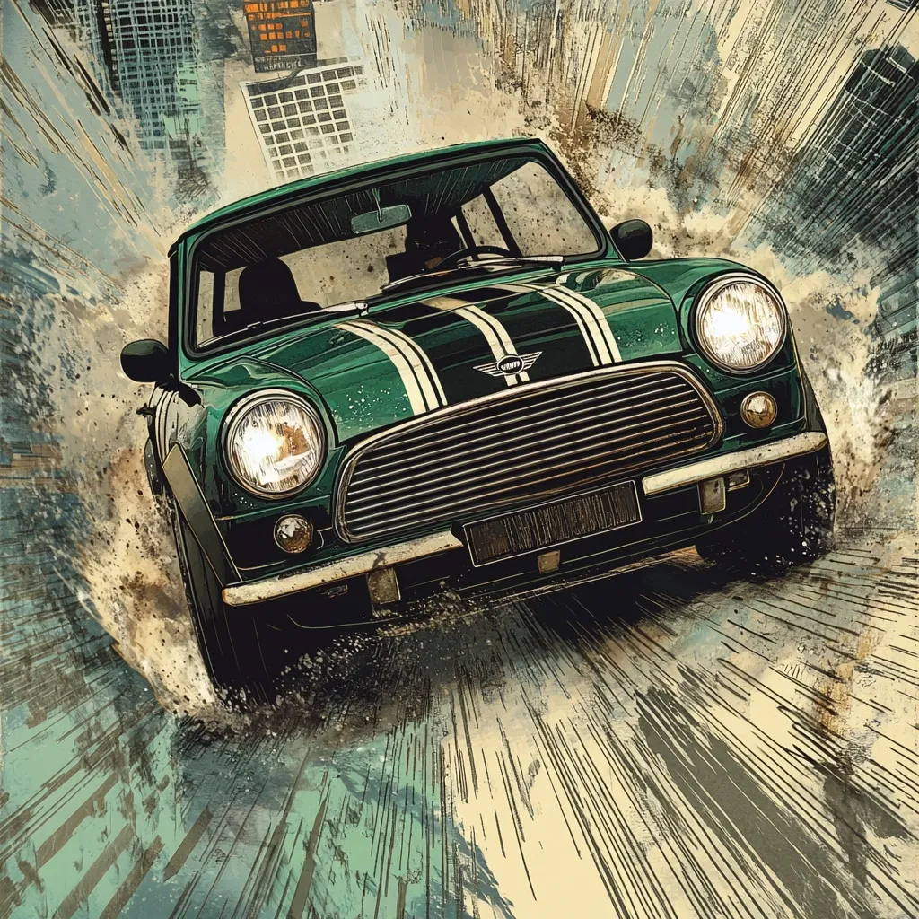 A classic Mini Cooper, dark green with white racing stripes, speeds through a city scene.  The illustration style is dynamic, with motion lines suggesting rapid movement and a sense of energy. The car is detailed, showing headlights and the Mini Cooper logo.  The background is a stylized blend of city buildings and a splash of color, adding to the artwork's vibrant feel.