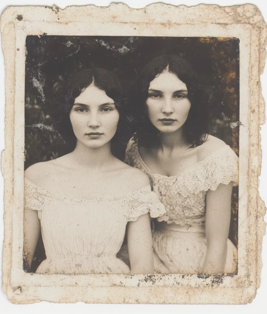 A sepia-toned photograph, reminiscent of an antique snapshot, shows two young women, possibly twins, posing closely together. They are dressed in delicate, off-white lace dresses with a similar style. The image has a worn, aged appearance, with visible discoloration and a rough, textured border suggesting age and handling.  The women's expressions are serene, and their dark hair is styled similarly.  The background is blurred, suggesting an outdoor setting.