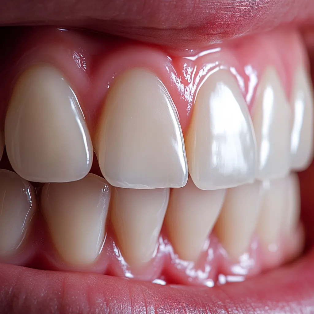 A close-up shot reveals a set of healthy, bright white teeth.  The image focuses on the central incisors and canines, showcasing smooth enamel and even alignment.  The gums are pink and healthy, with a distinct gum line. The overall impression is one of excellent dental hygiene and a beautiful smile.
