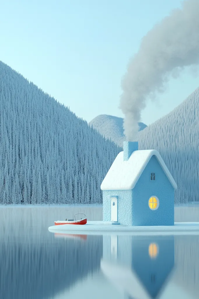 A quaint, light-blue cottage sits on a snow-covered lake, nestled amongst snow-laden evergreen trees.  Smoke curls from its chimney, suggesting warmth within. A small red boat rests on the shore nearby. The serene winter landscape reflects perfectly in the still, icy water, creating a tranquil and idyllic scene.