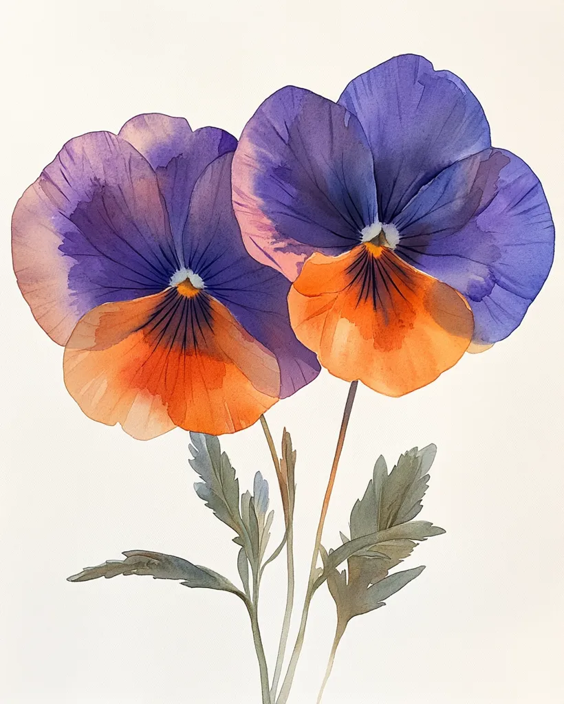 A watercolor painting depicts two pansies in vibrant detail.  The flowers showcase a blend of deep purple and bright orange hues, their petals delicately layered.  The stems and leaves are rendered in muted greens, creating a contrast against the bright flowers. The style is realistic, capturing the subtle textures and color gradations of the blossoms.  The background is a clean white, allowing the pansies to stand out prominently.