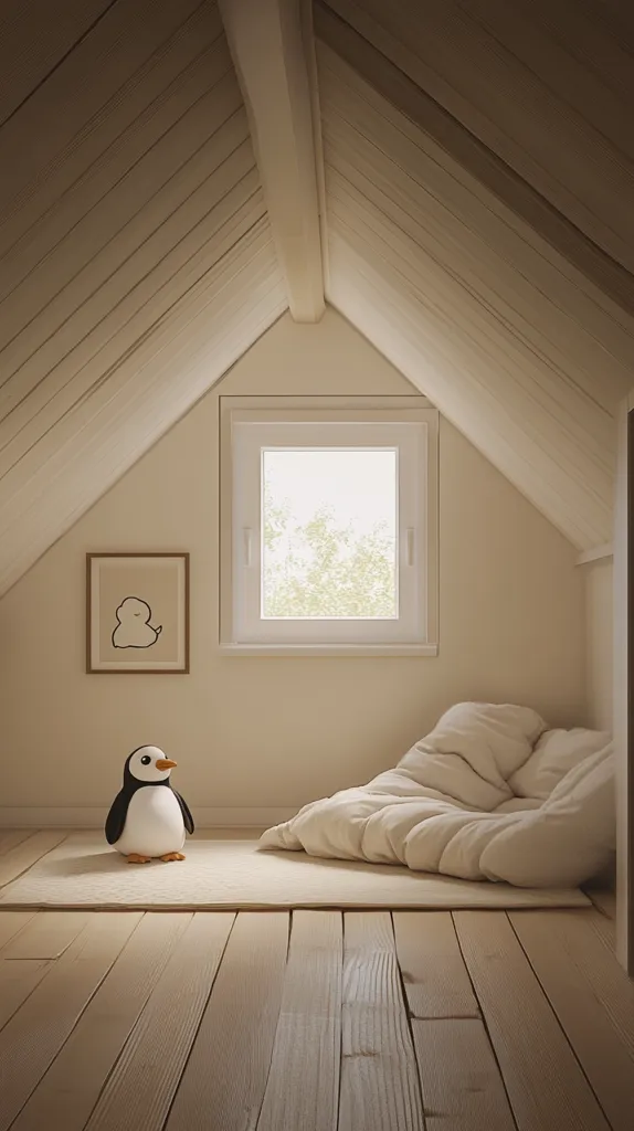 A serene attic room features light wood floors and a sloped ceiling.  A plush, off-white beanbag chair rests on a light rug, alongside a small penguin figurine. A framed illustration and a window showing dappled sunlight complete the minimalist, calming atmosphere.  The overall aesthetic is clean and peaceful.