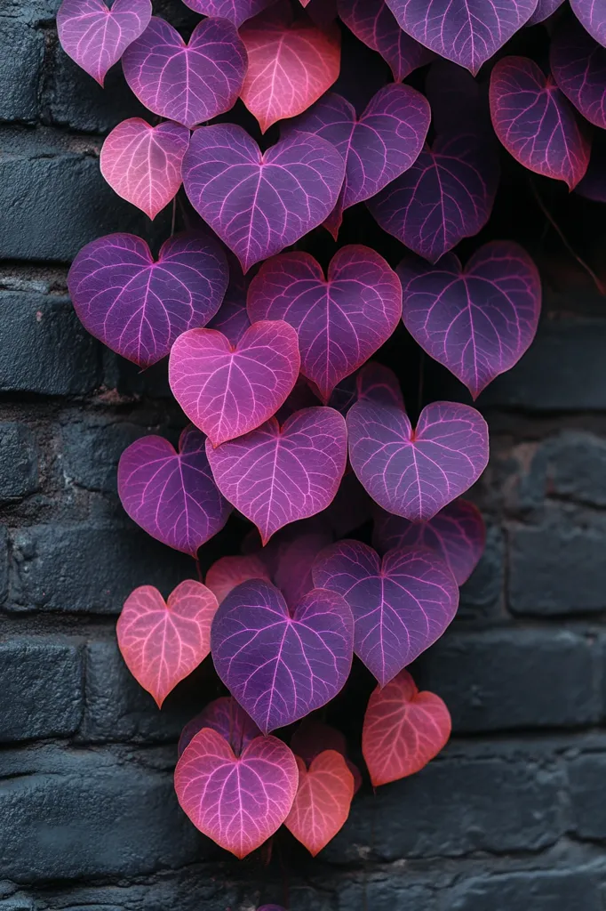 A cascade of heart-shaped leaves, varying shades of deep purple and vibrant pink, climbs a dark brick wall.  The leaves' intricate veining is clearly visible, creating a striking contrast against the dark background. The overall image evokes a feeling of romance and natural beauty. The heart shape of the leaves is prominent, adding a unique charm to this botanical display.