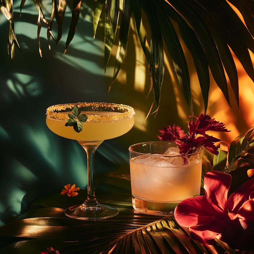 Two tropical cocktails rest on lush palm leaves.  A coupe glass holds a light yellow beverage garnished with sugar and a mint sprig.  Beside it, a rocks glass contains a peach-colored drink with ice.  Warm, golden light filters through the palm fronds, casting dramatic shadows against a teal and ochre backdrop, creating a vibrant, exotic scene.
