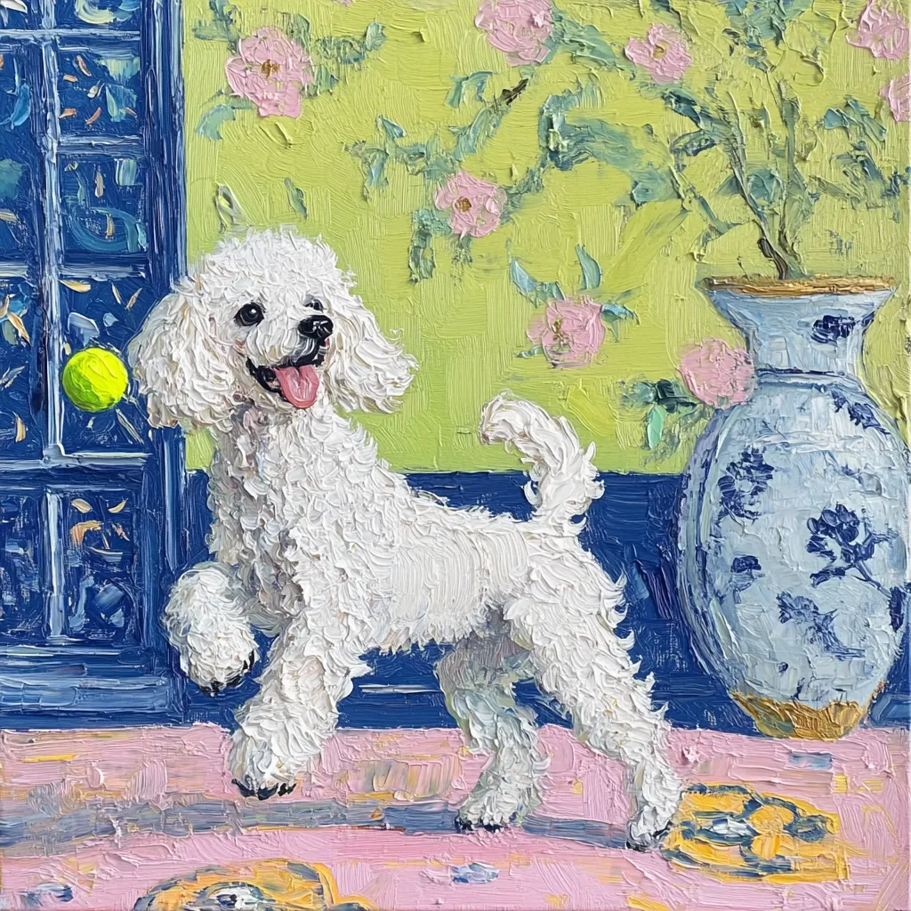 A white poodle, tongue lolling, playfully approaches a tennis ball near a blue antique cabinet.  The backdrop is a lime-green wall adorned with pink roses, a blue and white porcelain vase rests nearby. The impasto style painting uses thick brushstrokes to create texture and vibrant color.  A pink rug with yellow accents completes the scene.