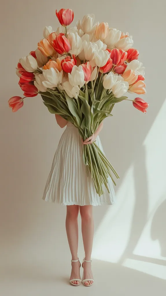 A person in a white pleated dress holds a large bouquet of tulips.  The tulips are predominantly white and shades of orange-red. The bouquet is so large it obscures the person's face. The person is wearing delicate cream-colored heels. The image is softly lit, creating a gentle and romantic mood.