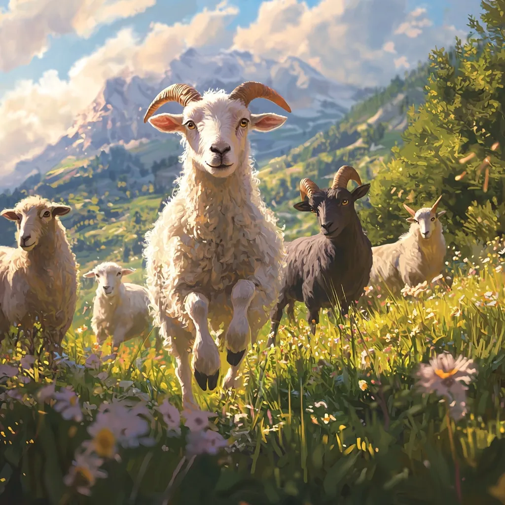 A fluffy white ram leads a flock of sheep and goats across a vibrant, flower-filled meadow.  The idyllic scene is set against a backdrop of majestic mountains under a bright, sunny sky. The ram is in sharp focus, bounding forward, while the other animals appear slightly blurred, creating a sense of movement and energy.  The overall tone is cheerful and pastoral.
