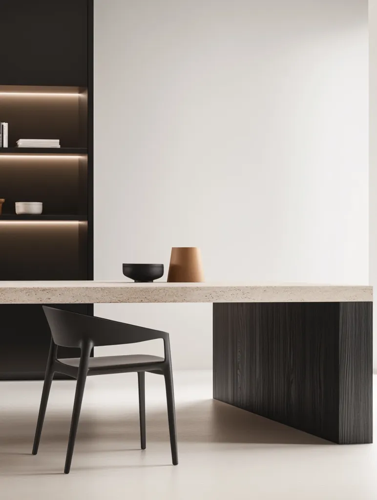 A minimalist dining area features a long, light-colored table with a dark wood base. A single black chair sits at the table, and a small bowl and vase are artfully placed as a centerpiece. A sleek, dark shelving unit with warm lighting is visible in the background, showcasing a simple yet elegant design aesthetic.  The scene is bathed in soft, natural light against a white wall.