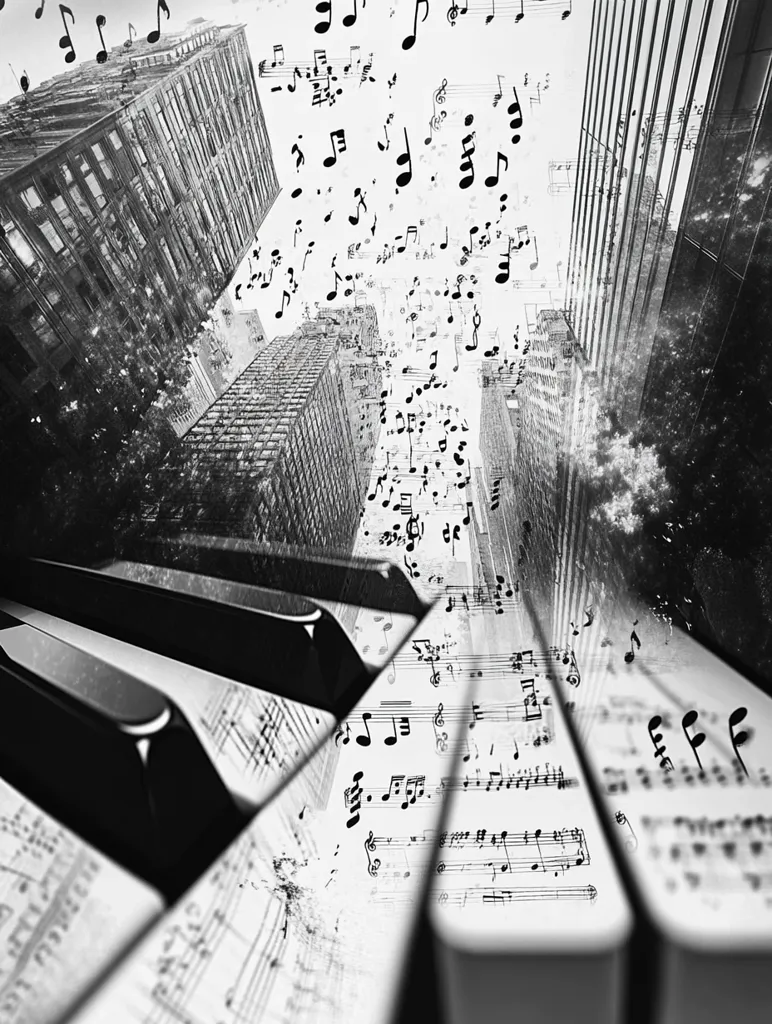 A black and white image depicts a piano keyboard viewed from above, with the keys and sheet music overlaid on a cityscape.  Music notes float between tall buildings, creating a surreal blend of urban architecture and musical notation. The overall effect is one of dynamic energy and artistic expression, suggesting the vibrant and multifaceted nature of city life interwoven with music.