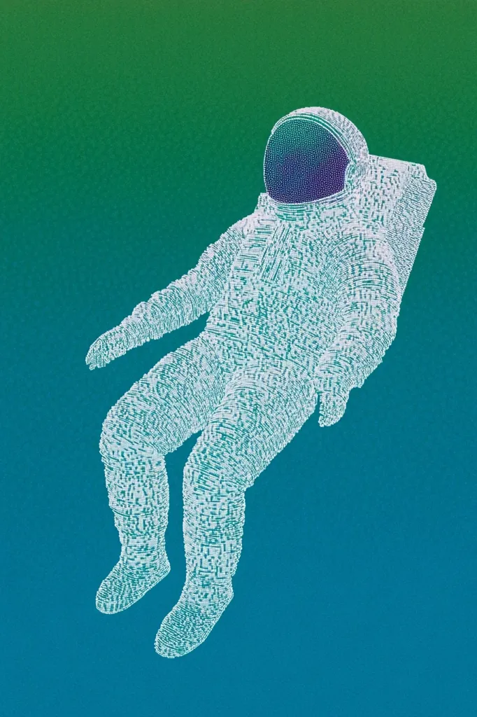 The image shows a stylized astronaut, seemingly floating in space. The figure is composed of countless small, white dots, creating a pointillist effect against a gradient teal and green background. The astronaut's suit and helmet are detailed, despite the unique construction, suggesting a digital or data-driven representation of space exploration. The overall style is minimalist yet evocative, capturing the vastness of space and the human quest to explore it.