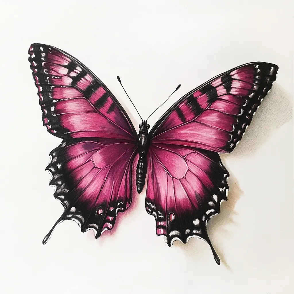 A meticulously detailed colored pencil drawing showcases a vibrant pink butterfly.  Its wings are adorned with intricate black markings along the edges and veins, creating a striking contrast against the rich pink. The butterfly's body is dark, and its antennae are delicately rendered. The artwork displays exceptional shading and attention to detail, giving the butterfly a three-dimensional quality.  The white background accentuates the butterfly's beauty.