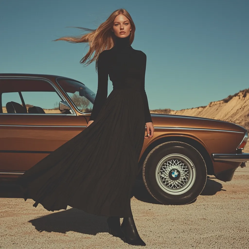 A fashion model with long blonde hair stands beside a vintage bronze BMW. She wears a black turtleneck long-sleeved top and a flowing black pleated midi skirt.  The setting is a desert landscape under a bright blue sky. The image is styled with a vintage aesthetic, emphasizing the contrast between the model's sleek attire and the classic car.