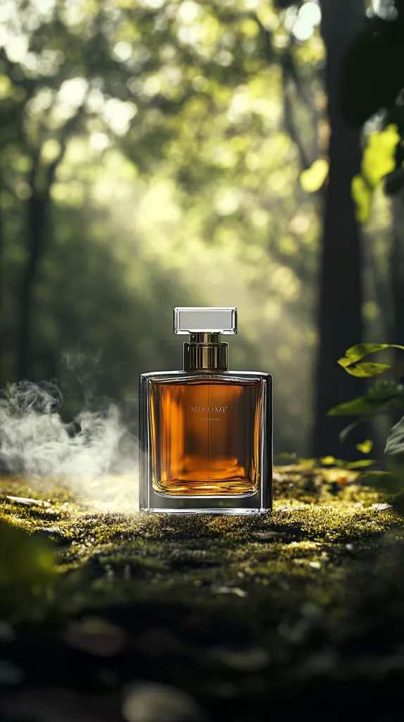 A bottle of MEO ME perfume sits on a mossy surface in a sun-dappled forest.  The amber liquid within the clear, rectangular glass bottle is subtly highlighted. A wisp of smoke adds a mystical atmosphere to the scene. The background is softly blurred, focusing attention on the elegant perfume.  The overall image conveys a sense of serenity and natural luxury.