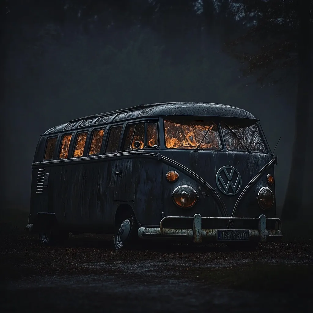 A vintage Volkswagen Type 2 bus, dark gray and weathered, sits in a dimly lit, misty forest.  The interior glows with warm, inviting light, contrasting with the somber exterior.  Rain droplets cling to the bus's surface, enhancing its aged appearance. The scene evokes a sense of mystery and nostalgia.