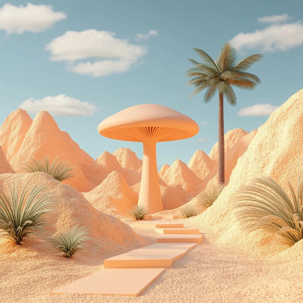 A whimsical, surreal landscape features pastel orange sand dunes, a large, peach-colored mushroom, and a lone palm tree.  A gentle pathway of steps leads towards the mushroom, which stands prominently in the center.  The overall aesthetic is serene and dreamlike, evoking a sense of calm and tranquility.  Sparse, light green desert plants accentuate the sandy terrain.