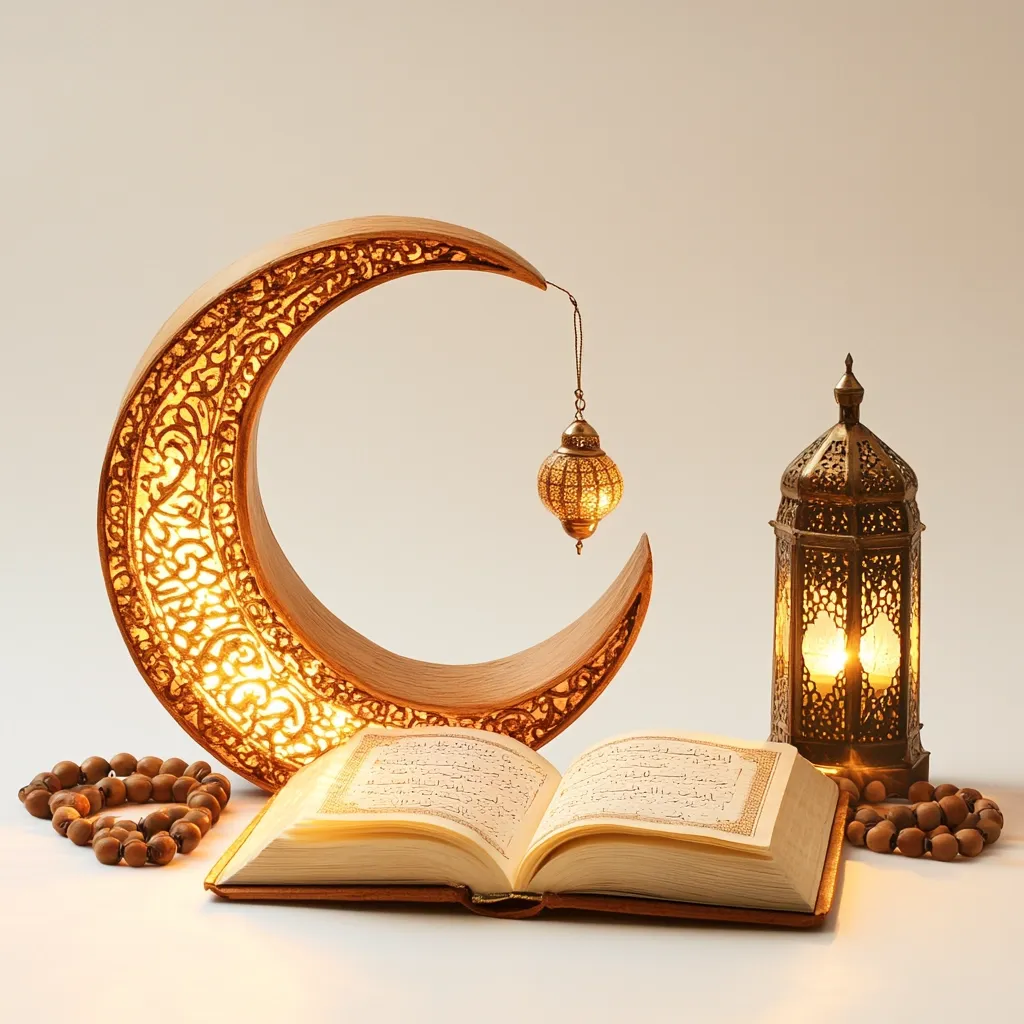 An illuminated crescent moon shaped lamp hangs over an open Quran, flanked by prayer beads and a lit Moroccan lantern.  The warm glow of the lights creates a serene and spiritual atmosphere, evocative of Ramadan or other Islamic celebrations.  Intricate detailing on the wooden crescent and lantern adds to the scene's elegance.