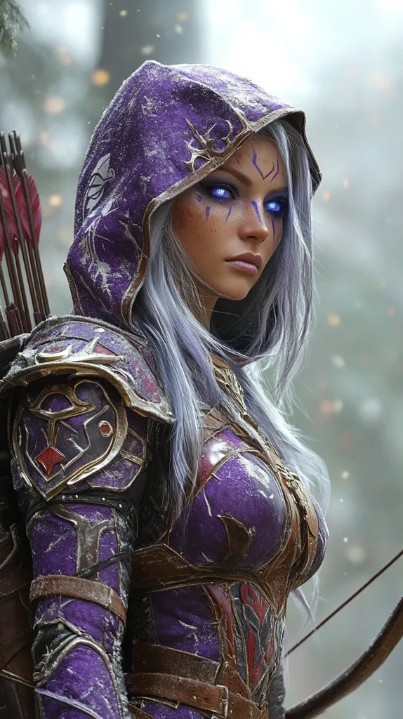 A female warrior, cloaked in a purple hooded garment, stands in a snowy forest.  Her long, silvery-grey hair cascades down her shoulders.  Intricate, ornate armor covers her body, and glowing blue markings adorn her face.  A quiver of arrows rests on her back, and she holds a bow, suggesting she's a skilled archer.  The overall image evokes a fantasy or video game aesthetic.