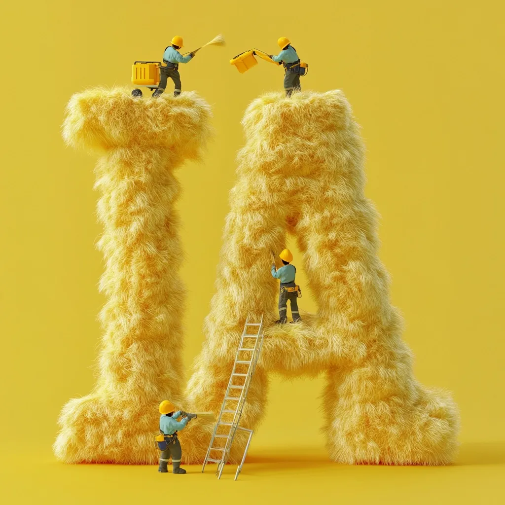 Miniature construction workers are meticulously shaping fluffy, yellow letters to form "IA."  The letters are large and resemble oversized, furry sculptures. Workers use small tools and a ladder to refine the forms against a solid yellow background.  The scene is playful and visually engaging, suggesting a creative process or conceptual art piece.