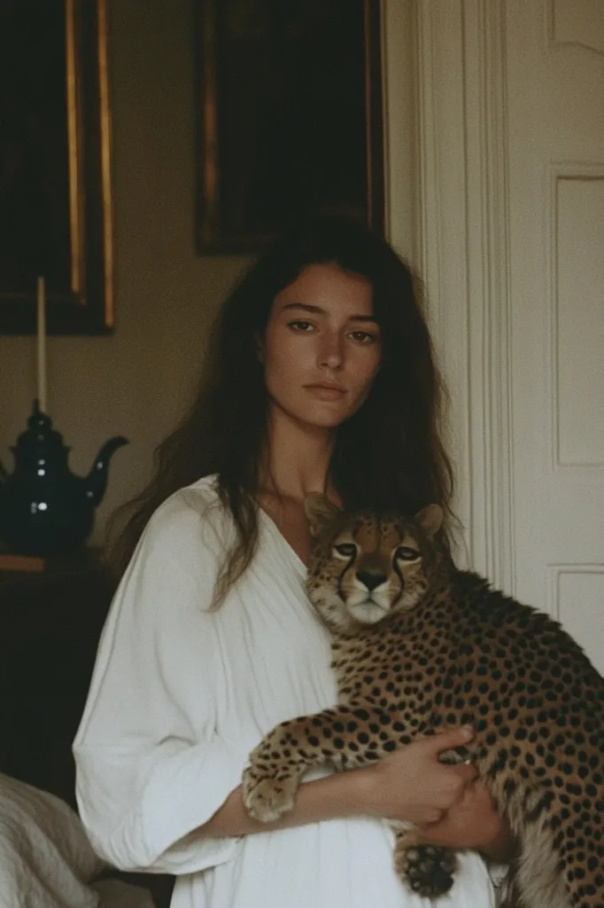 A young woman with long brown hair is gently holding a cheetah cub close to her chest. She's wearing a loose, white, long-sleeved dress. The setting appears to be a dimly lit room with antique picture frames on the wall. The overall mood is serene and intimate, emphasizing the connection between the woman and the wild animal.